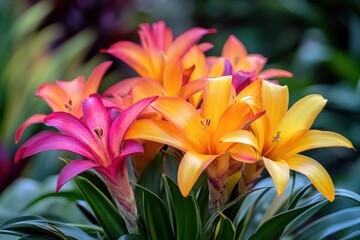 Fototapeta premium Bright tropical flowers bloom in a lush garden setting during the day