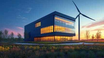 Obraz premium Sustainable Architecture: Modern Office Building with Wind Turbine at Sunset