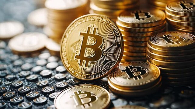 Bitcoin Bonanza: A captivating close-up showcases stacks of gleaming Bitcoin coins, highlighting their intrinsic value and significance in the evolving world of digital finance.