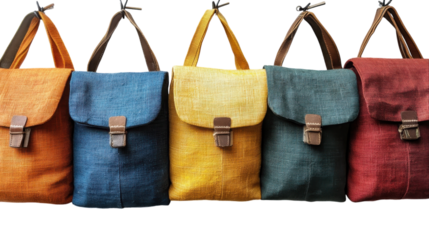Vibrant collection of handmade canvas bags displayed together in a creative arrangement