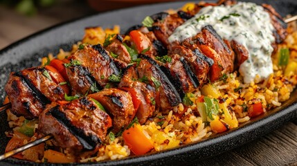 Grilled Chicken Skewers Served on a Bed of Flavorful Rice Dish