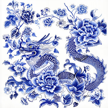 Blue dragon intertwined with flowers on white background
