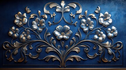 Elegant Silver Floral Carving on Deep Blue Background: A Masterpiece of Intricate Design