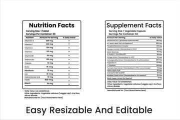 Vitamin and supplement facts, nutrition facts