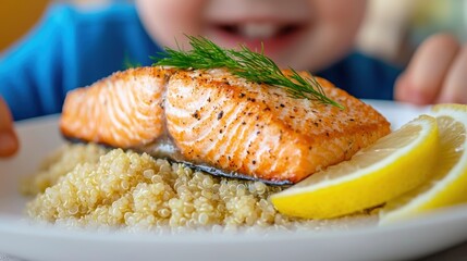 Close-Up of Salmon Fillet with Quinoa and Lemon Garnish on Plate