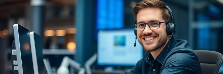 Portrait of confident young professional with headset in office, smiling at camera with laptop on desk, man, corporate