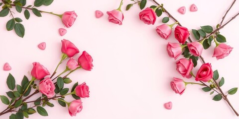 Round frame with pink and beige roses, green leaves, branches on white background, flat lay, top view, Valentine's background, green leaves, beige