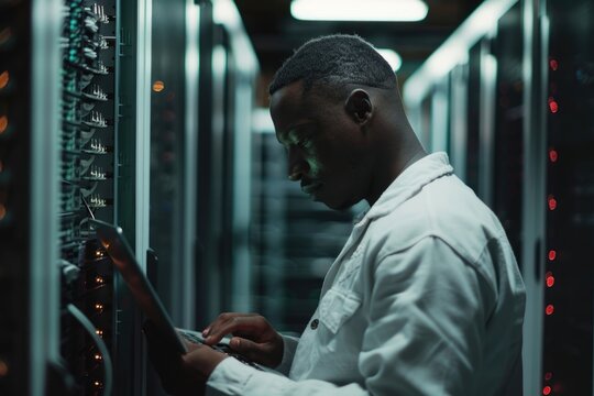 Black IT engineer setting up internet network in server room.