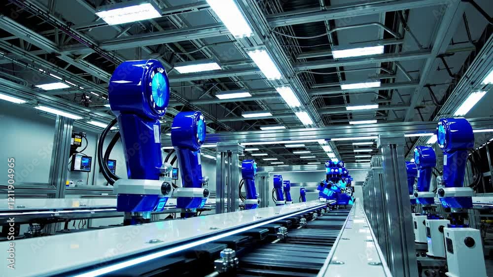 Poster robots assembling products in a modern manufacturing facility during daylight hours