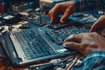 Man disassembles laptop for repair in close up view.