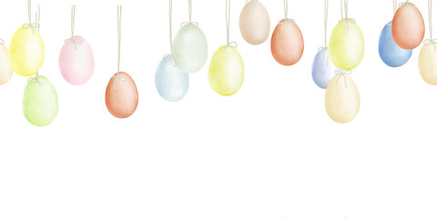 Easter eggs on a string, seamless horizontal border. Watercolor digital illustration. Festive garland, isolated on white background illustration. Suitable for greeting cards and spring invitations.