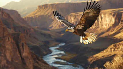 Fototapeta premium A Majestic Bird Gliding Gracefully Above the Calm Waters of the River in a Beautiful Natural Setting