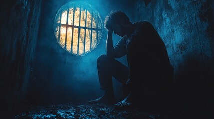 Fototapeta premium Despondent man in dark cell, barred window