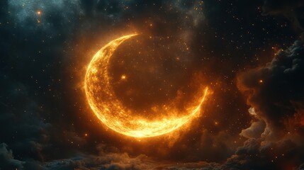 Obraz premium Fiery Crescent Moon in a Starry Night