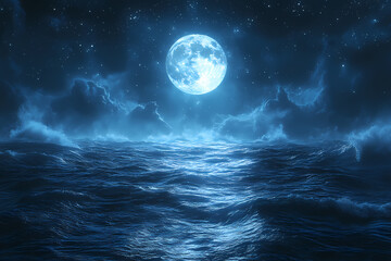 A deep sapphire sea under a starry sky, with waves reflecting moonlight. Atmosphere of mystery and tranquility
