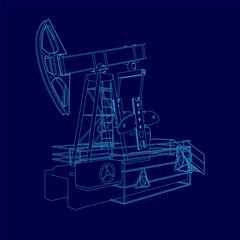 Blue drawing of a pump jack. The drawing is in blue and is very detailed