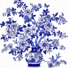 Fototapeta premium Blue floral vase with blooming flowers and butterfly
