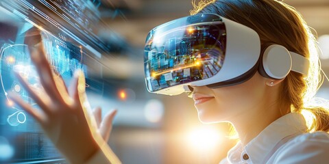 marketing research and consumer concept. Woman Engaging with Virtual Reality Technology