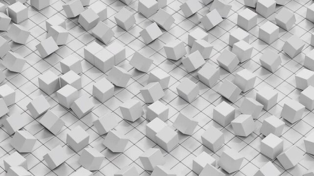 Seamless loop 4K 3D animation of monochrome cubes randomly rolling. All-white color scheme highlights clean geometric motion and creates a minimalist visual aesthetic. Rolling Cubes. box walk 3d