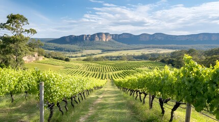 Fototapeta premium Scenic Vineyard Landscape with Lush Green Grapevines and Majestic Mountains in Background