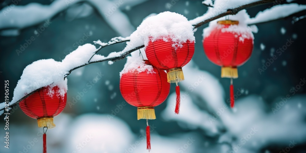 Poster A snowy tree with three red lanterns hanging from its branches
