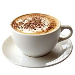 Aromatic cappuccino in a white cup, topped with cocoa powder. Perfect for a cozy morning.