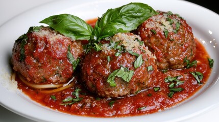 Delicious Homemade Meatballs in Marinara Sauce with Fresh Basil