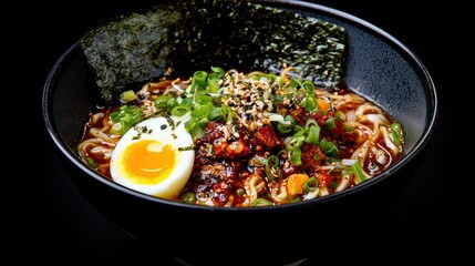 Fototapeta premium Delicious Bowl of Ramen with Egg and Vegetables on Dark Background