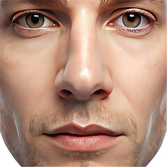 Naklejka premium Closeup Male Face Portrait Neutral Expression Skin Texture man eyes nose lips head tone high mouth 