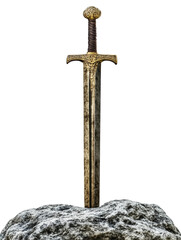 Sword embedded in rock symbolizing strength and legend at a mythical location isolated on transparent background