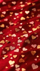 Glittering hearts on red fabric background with valentines vibe