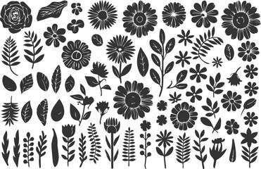 "Flower and Leaf Silhouette Collection: Hand-Drawn Black & White Floral Elements