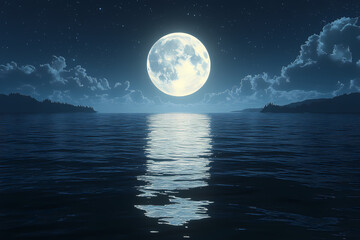 A deep sapphire sea under a starry sky, with waves reflecting moonlight. Atmosphere of mystery and tranquility
