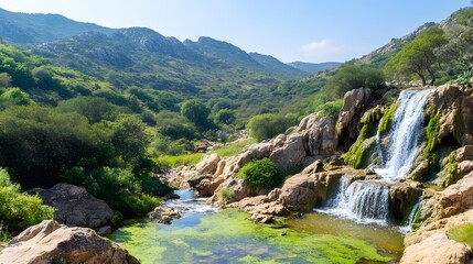 Serene Waterfall Cascade in Lush Green Valley Surrounded by Majestic Mountains Under Clear Blue Sky