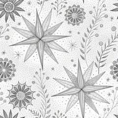 Elegant Monochrome Floral Seamless Pattern Hand Drawn Starburst Flower Design