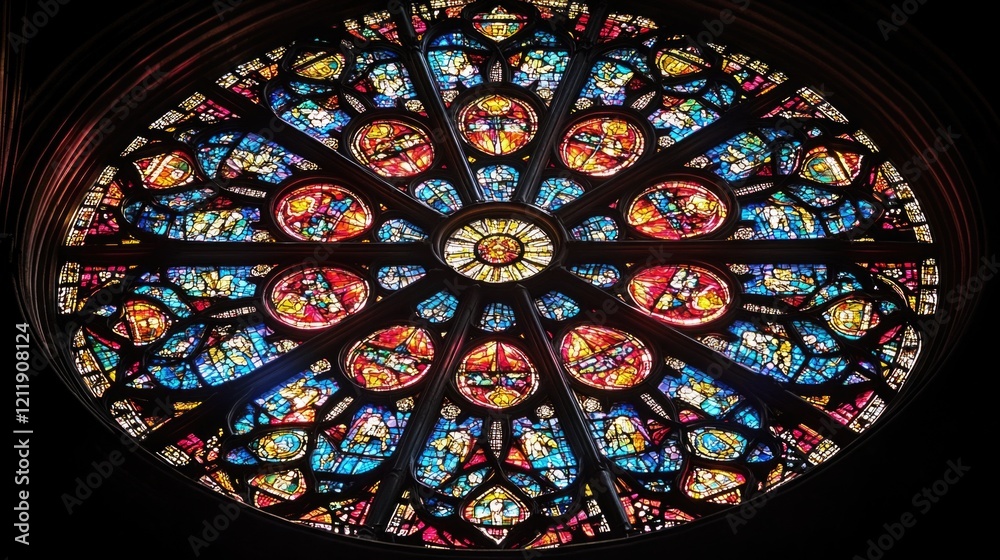 Poster large stained glass window in a church, suitable for interior design and architecture projects