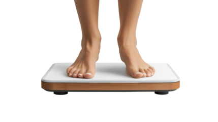 Person standing on a scale measuring weight in a home setting isolated on transparent background