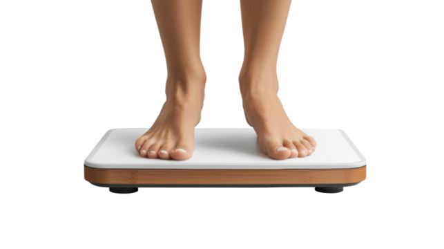 Person standing on a scale measuring weight in a home setting isolated on transparent background - Powered by Adobe