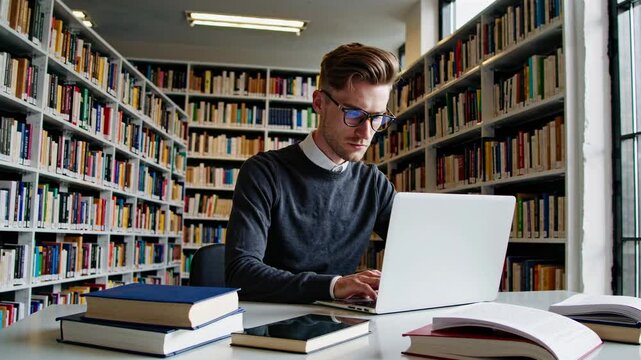 Student studies diligently at library with laptop and books during afternoon hours