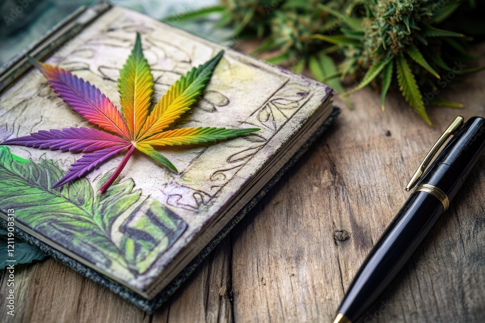 Poster A notebook with a marijuana leaf on top, often used for note-taking or writing