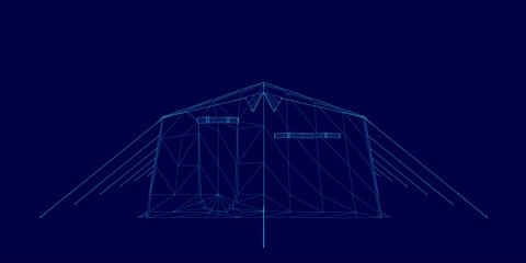 Blue image of a tent with a blue background. The tent is shown in a stylized way, with a lot of lines and dots. Scene is somewhat abstract and artistic, with a focus on the tent © German Ovchinnikov