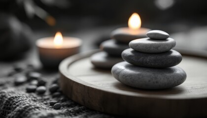 Tranquil zen stone arrangement with soft candlelight ambiance