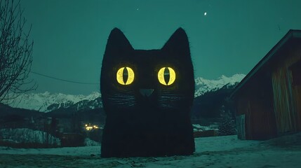 Giant black cat night snowy mountains village