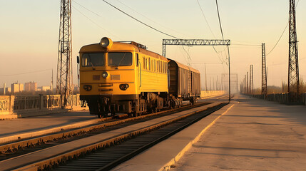 Fototapeta premium Yellow freight train crossing a city bridge at sunset, industrial cityscape background; transport, logistics imagery