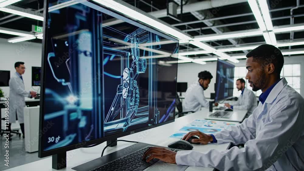 Poster innovative workspace in a tech lab with engineers developing advanced robotics systems