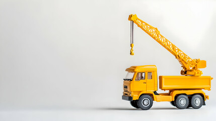 Fototapeta premium Yellow toy crane truck on white background; construction concept; copy space