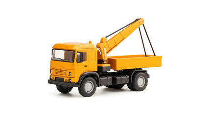 Yellow toy tow truck isolated on white background; studio shot; for children's play or transportation themed projects