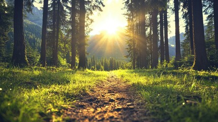 Obraz premium Sunset path through mountain forest