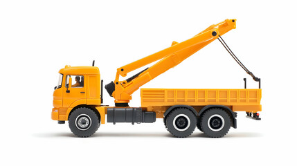 Naklejka premium Yellow toy crane truck on white background; construction, transport, model, vehicle, industry, isolated