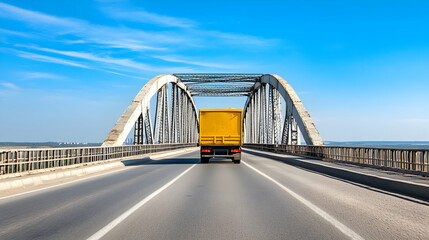 Obraz premium Yellow truck crossing a bridge over a river on a sunny day. Transportation, logistics, and travel imagery